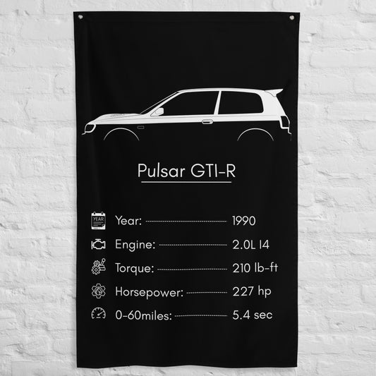 Nissan Pulsar GTI-R 1990 car silhouette spec flag - White Brick Wall