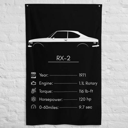 Mazda RX-2 1971 car silhouette spec flag - White Brick Wall