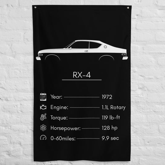 Mazda RX-4 1972 car silhouette spec flag - White Brick Wall