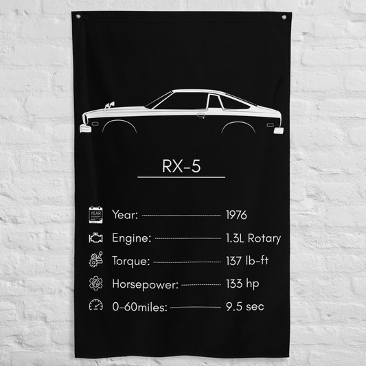 Mazda RX-5 1976 car silhouette spec flag - White Brick Wall