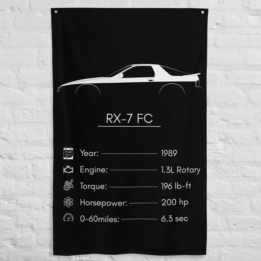 Mazda RX-7 FC 1989 car silhouette spec flag - White Brick Wall