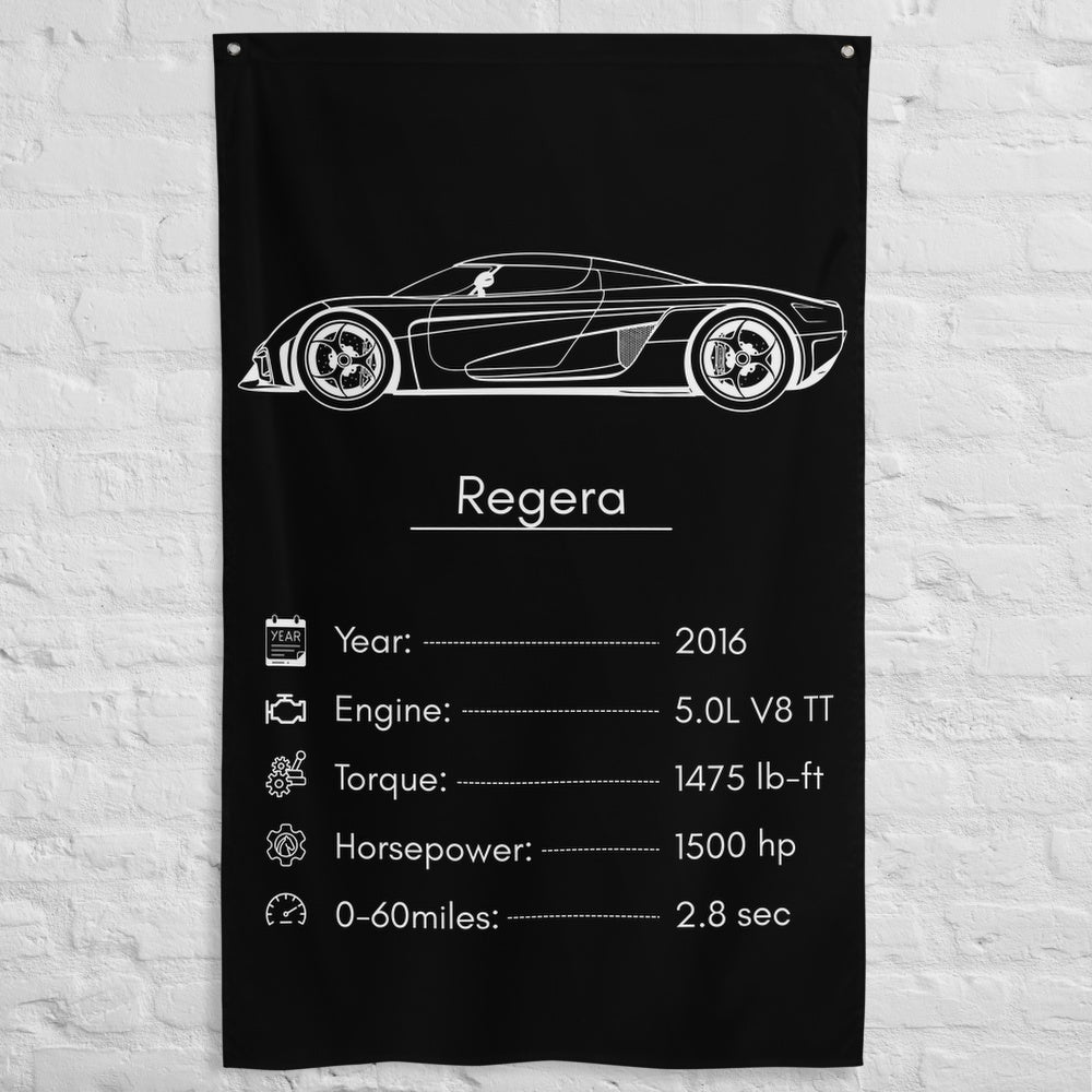Koenigsegg Regera 2016 car silhouette spec flag - White Brick Wall