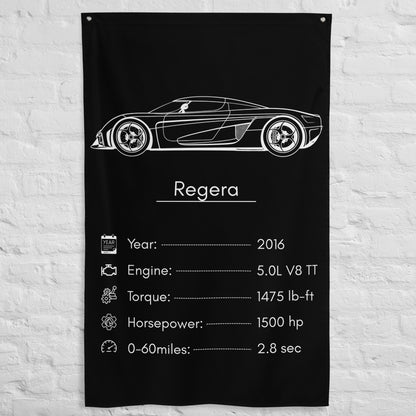 Koenigsegg Regera 2016 car silhouette spec flag - White Brick Wall