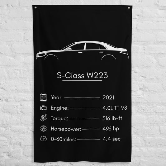 Mercedes-Benz S-Class W223 2021 car silhouette spec flag - White Brick Wall