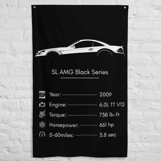 Mercedes-Benz SL AMG Black Series 2009 car silhouette spec flag - White Brick Wall