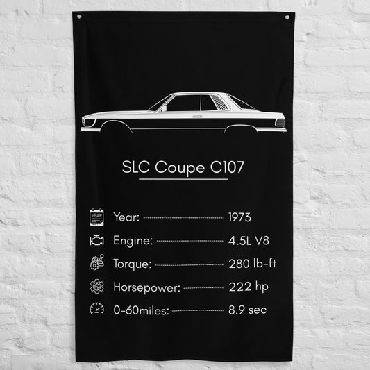 Mercedes-Benz SLC Coupe C107 1973 car silhouette spec flag - White Brick Wall