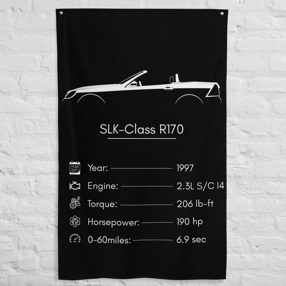 Mercedes-Benz SLK-Class R170 1997 car silhouette spec flag - White Brick Wall