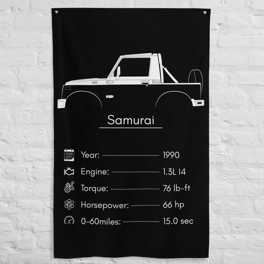 Suzuki Samurai 1990 car silhouette spec flag - White Brick Wall