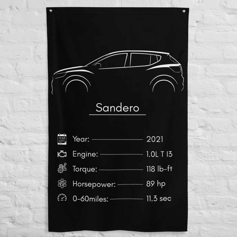 Dacia Sandero 2021 car silhouette spec flag - White Brick Wall