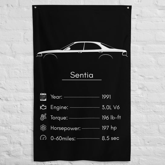 Mazda Sentia 1991 car silhouette spec flag - White Brick Wall