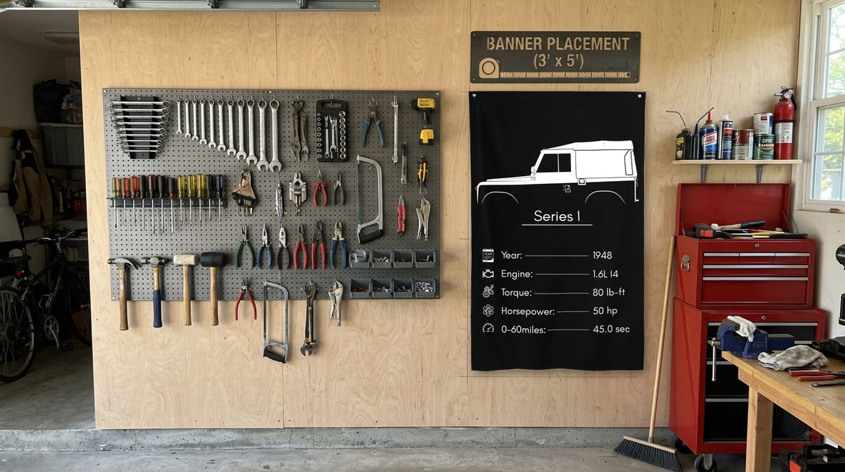 Land Rover Series I 1948 car silhouette spec flag - Garage Plywood Wall