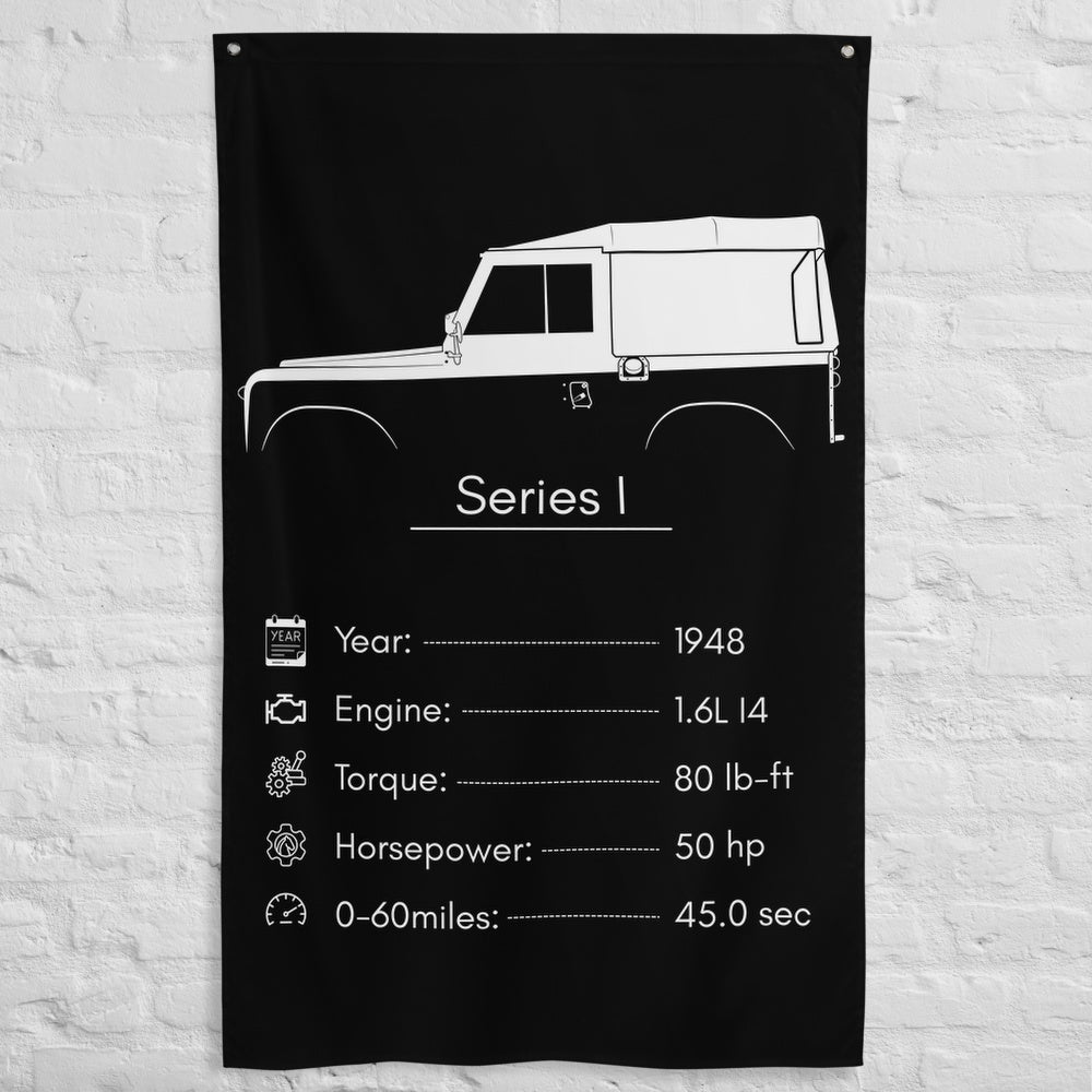 Land Rover Series I 1948 car silhouette spec flag - White Brick Wall