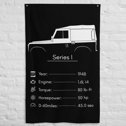 Land Rover Series I 1948 car silhouette spec flag - White Brick Wall