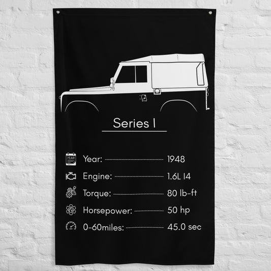 Land Rover Series I 1948 car silhouette spec flag - White Brick Wall