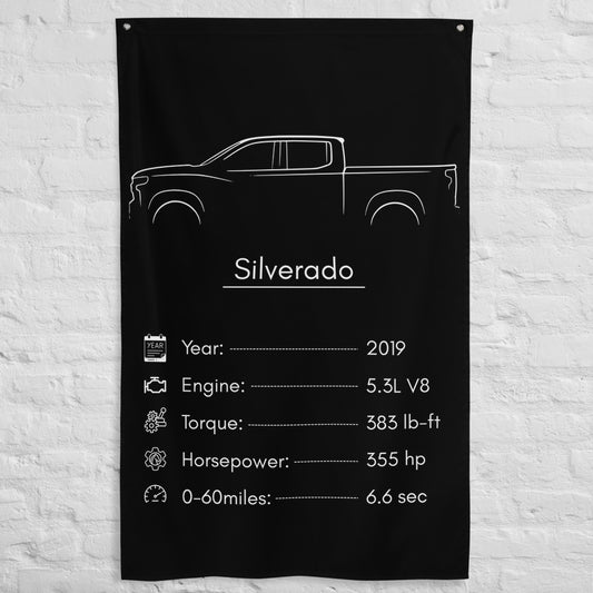 Chevrolet Silverado 2019 car silhouette spec flag - White Brick Wall