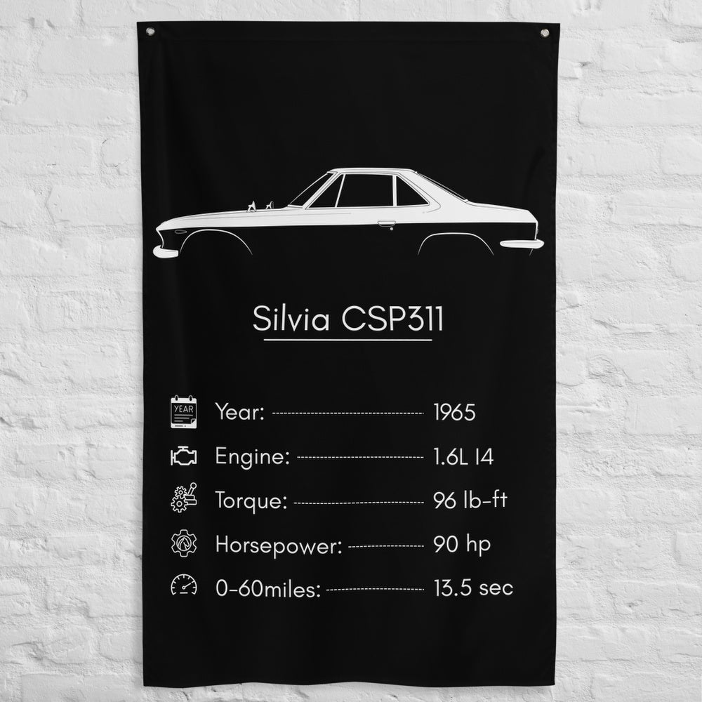 Nissan Silvia CSP311 1965 car silhouette spec flag - White Brick Wall
