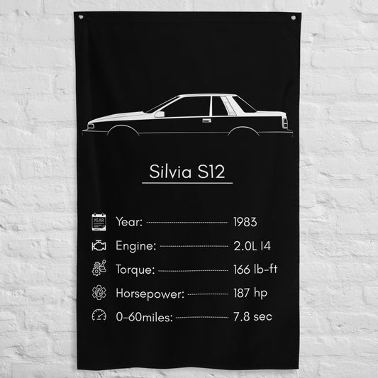 Nissan Silvia S12 1983 car silhouette spec flag - White Brick Wall