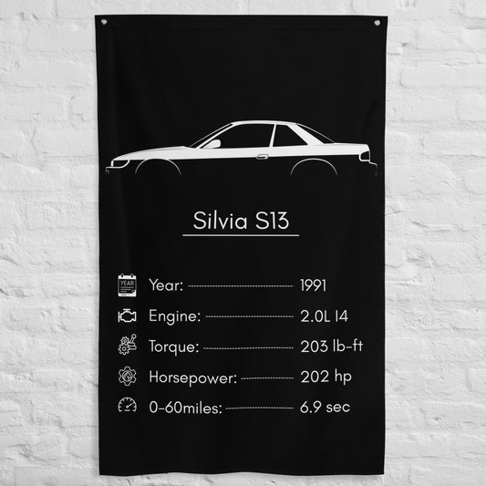Nissan Silvia S13 1991 car silhouette spec flag - White Brick Wall