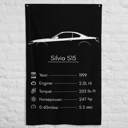 Nissan Silvia S15 1999 car silhouette spec flag - White Brick Wall