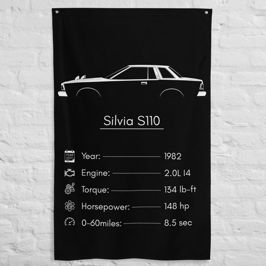 Nissan Silvia S110 1982 car silhouette spec flag - White Brick Wall