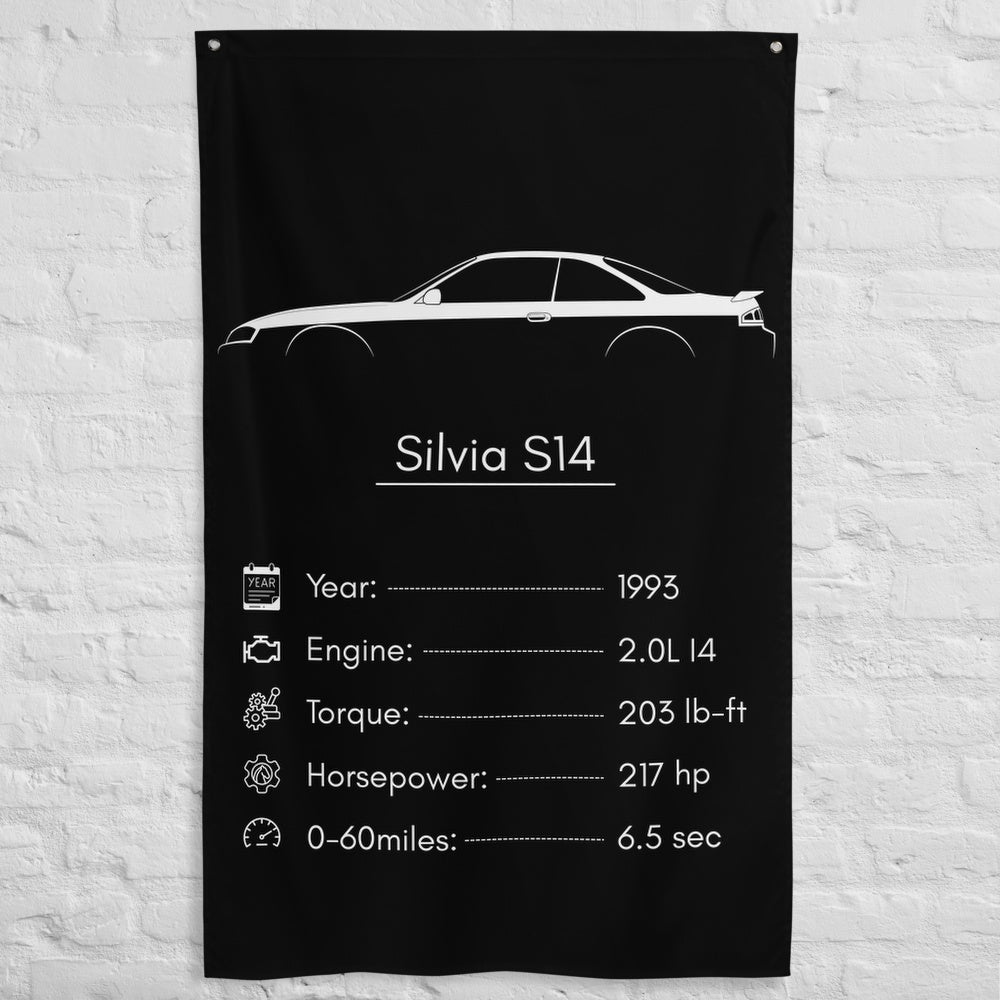 Nissan Silvia S14 1993 car silhouette spec flag - White Brick Wall