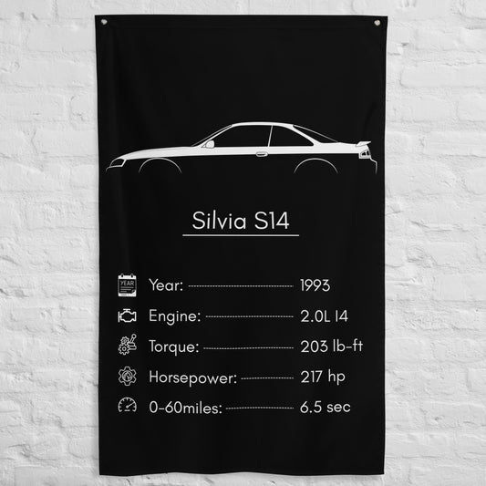 Nissan Silvia S14 1993 car silhouette spec flag - White Brick Wall