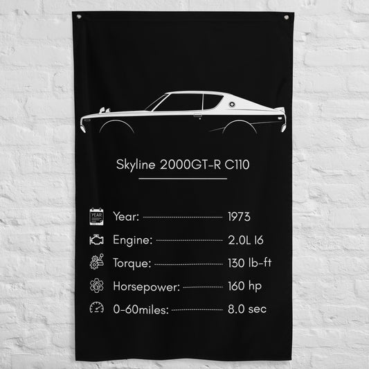 Nissan Skyline 2000GT-R C110 1973 car silhouette spec flag - White Brick Wall