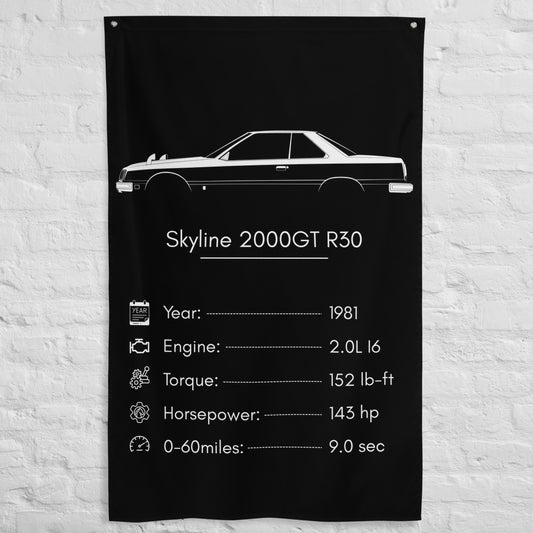 Nissan Skyline 2000GT R30 1981 car silhouette spec flag - White Brick Wall