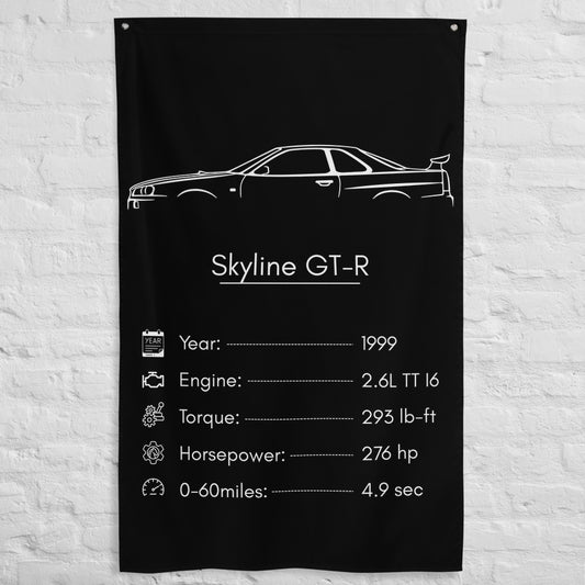 Nissan Skyline GT-R 1999 car silhouette spec flag - White Brick Wall