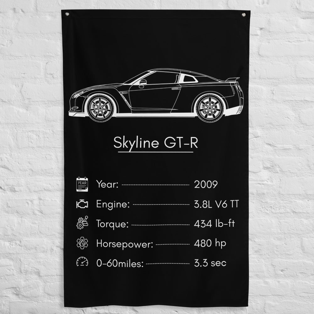 Nissan Skyline GT-R 2009 car silhouette spec flag - White Brick Wall