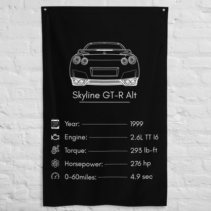 Nissan Skyline GT-R 1999 (Design 2) car silhouette spec flag - White Brick Wall