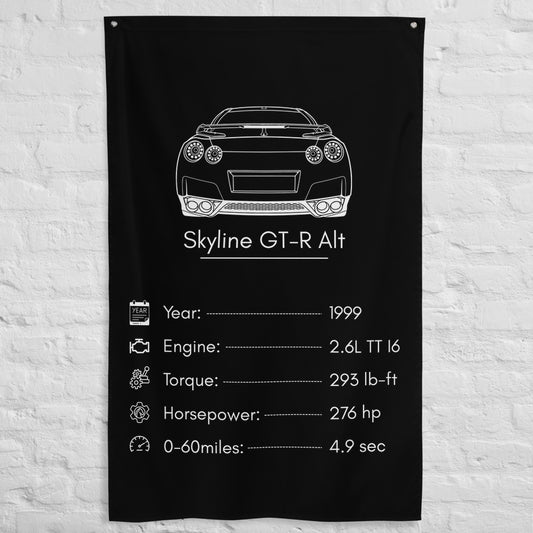 Nissan Skyline GT-R 1999 (Design 2) car silhouette spec flag - White Brick Wall
