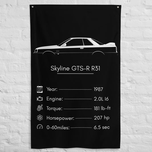 Nissan Skyline GTS-R R31 1987 car silhouette spec flag - White Brick Wall