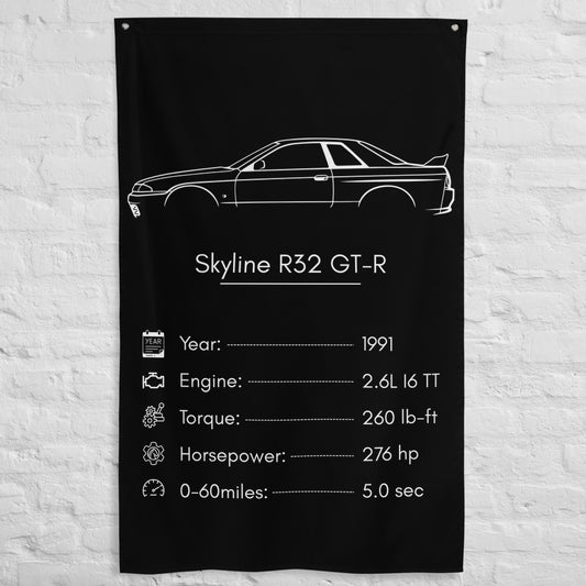 Nissan Skyline R32 GT-R 1991 car silhouette spec flag - White Brick Wall