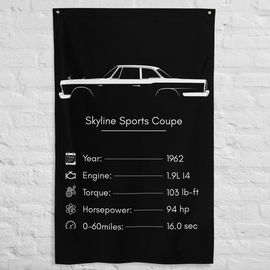 Nissan Skyline Sports Coupe 1962 car silhouette spec flag - White Brick Wall