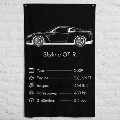 Nissan Skyline GT-R 2009 (Design 2) car silhouette spec flag - White Brick Wall