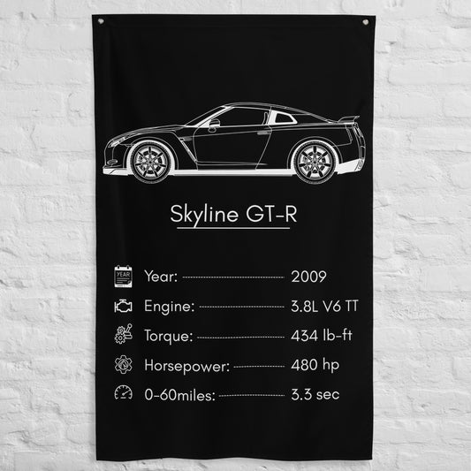 Nissan Skyline GT-R 2009 (Design 2) car silhouette spec flag - White Brick Wall