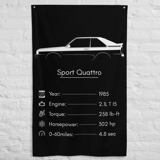 Audi Sport Quattro 1985 car silhouette spec flag - White Brick Wall