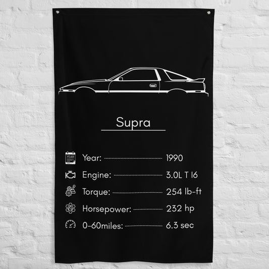 Toyota Supra 1990 car silhouette spec flag - White Brick Wall
