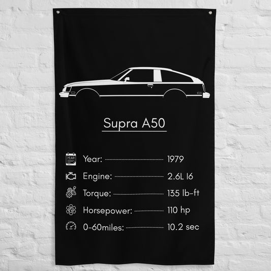 Toyota Supra A50 1979 car silhouette spec flag - White Brick Wall