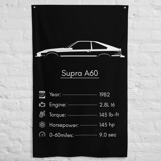 Toyota Supra A60 1982 car silhouette spec flag - White Brick Wall