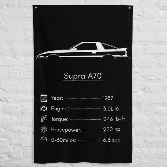 Toyota Supra A70 1987 car silhouette spec flag - White Brick Wall