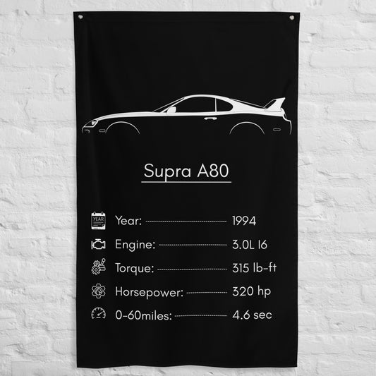 Toyota Supra A80 1994 car silhouette spec flag - White Brick Wall