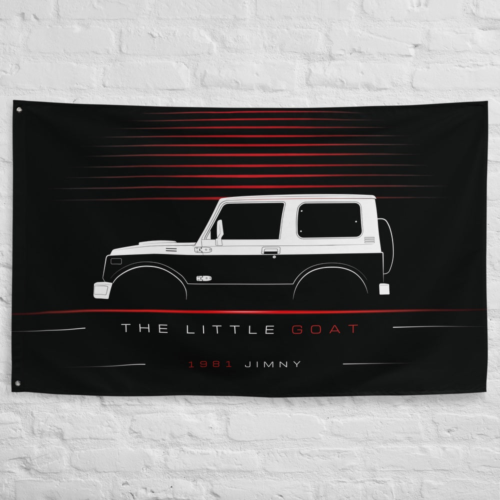 Suzuki Jimny 1981 car silhouette flag - White Brick Wall
