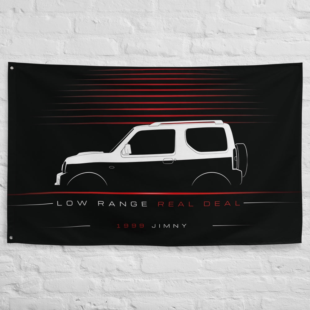Suzuki Jimny 1999 car silhouette flag - White Brick Wall