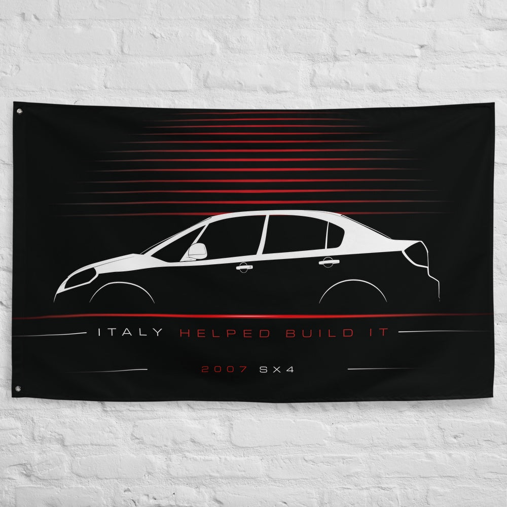 Suzuki SX4 2007 car silhouette flag - White Brick Wall