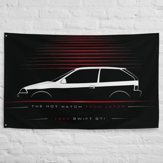 Suzuki Swift GTi 1986 car silhouette flag - White Brick Wall