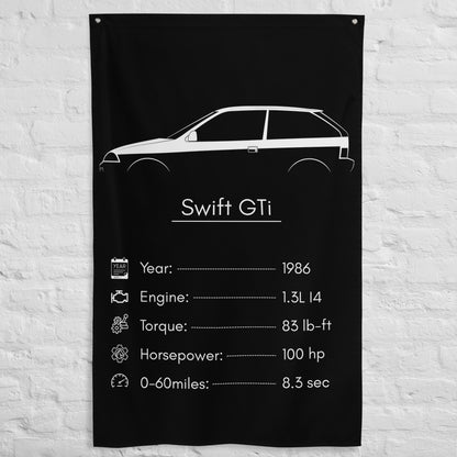 Suzuki Swift GTi 1986 car silhouette spec flag - White Brick Wall