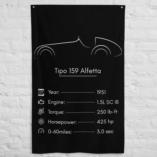 Alfa Romeo Tipo 159 Alfetta 1951 car silhouette spec flag - White Brick Wall