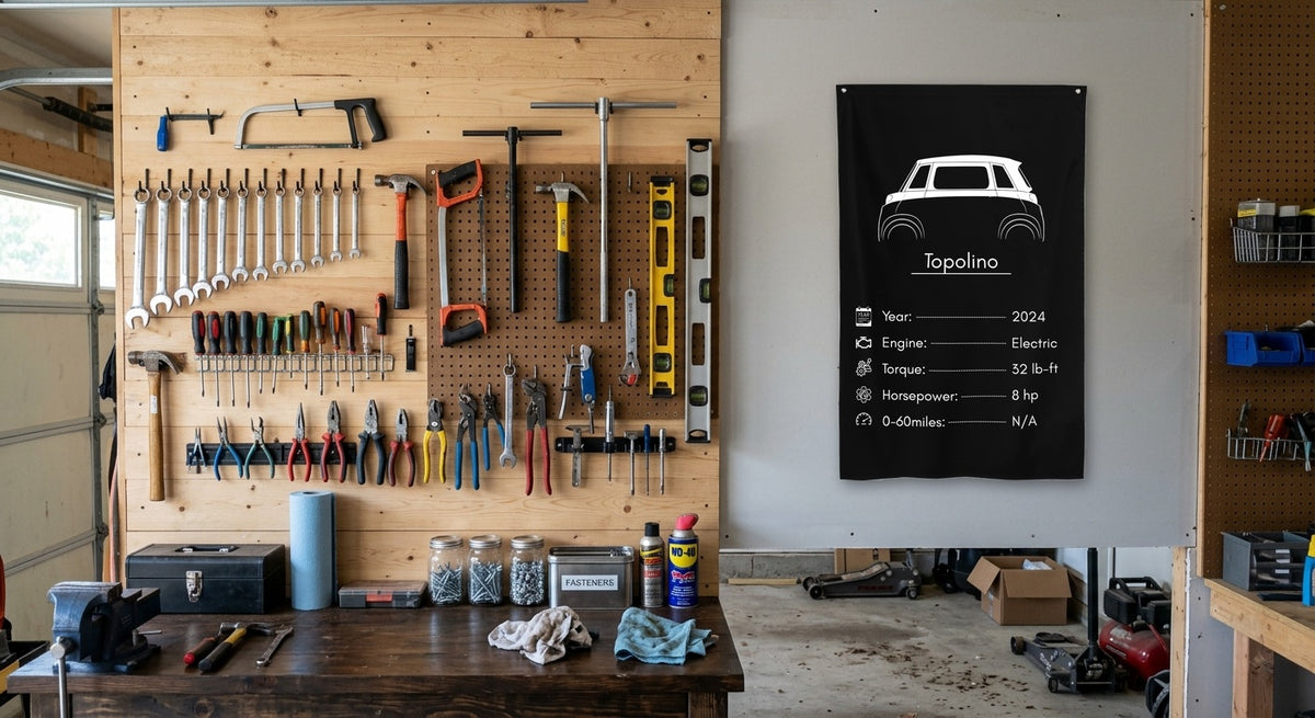 Fiat Topolino 2024 car silhouette spec flag - Garage Pegboard Wall